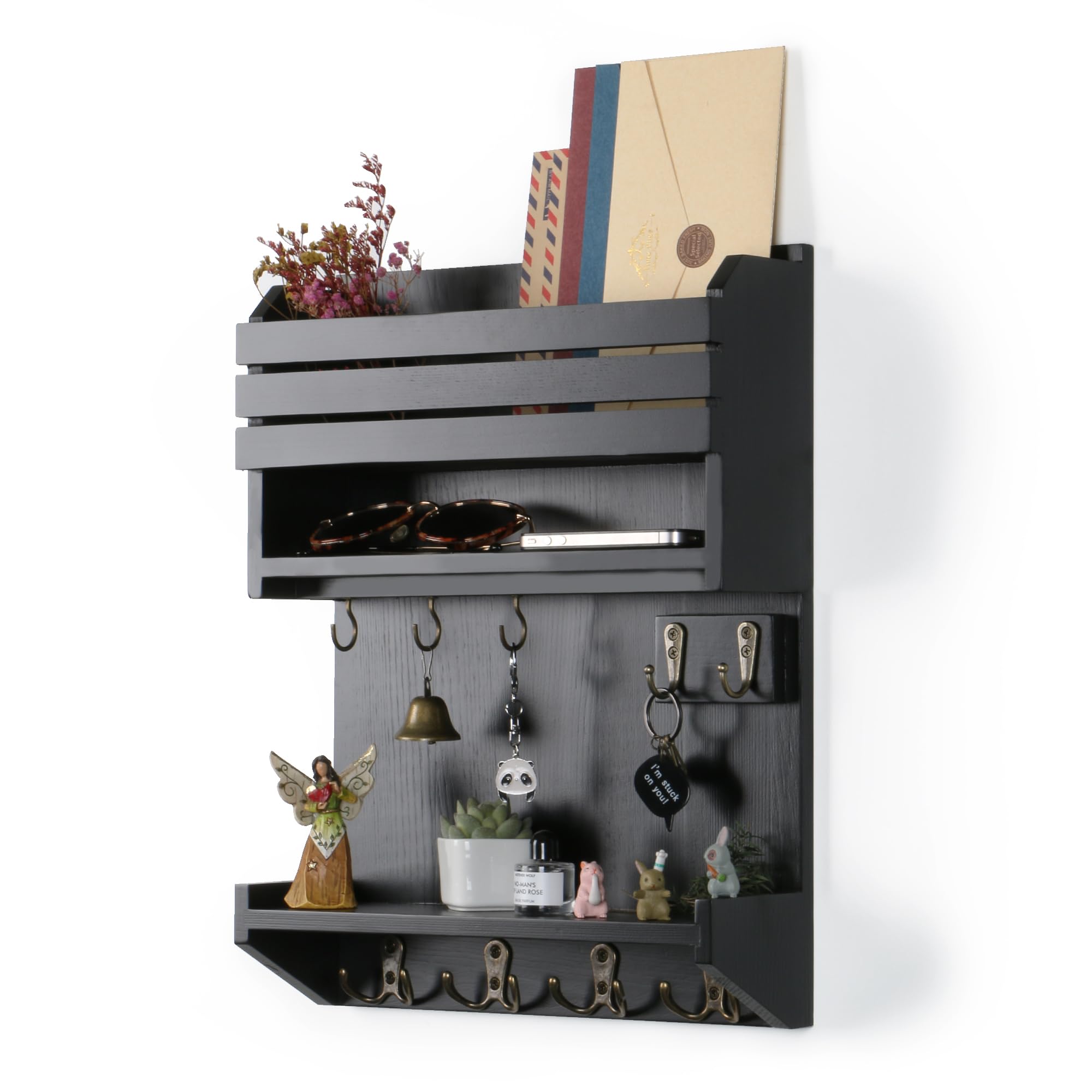 HEKFL Key Holder, Wall Mounted Mail Organizer, Keys Holder on Wall with 9 Key Hooks, Black