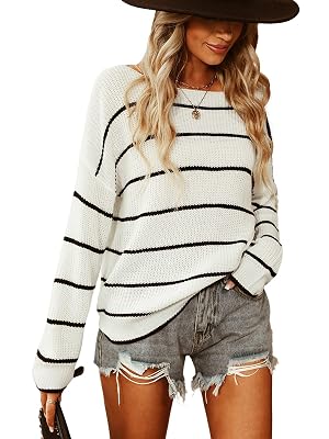 CUPSHE Womens Striped Sweaters Long Sleeve Boat Neck Colorblock Knitted Pullover Sweater Tops