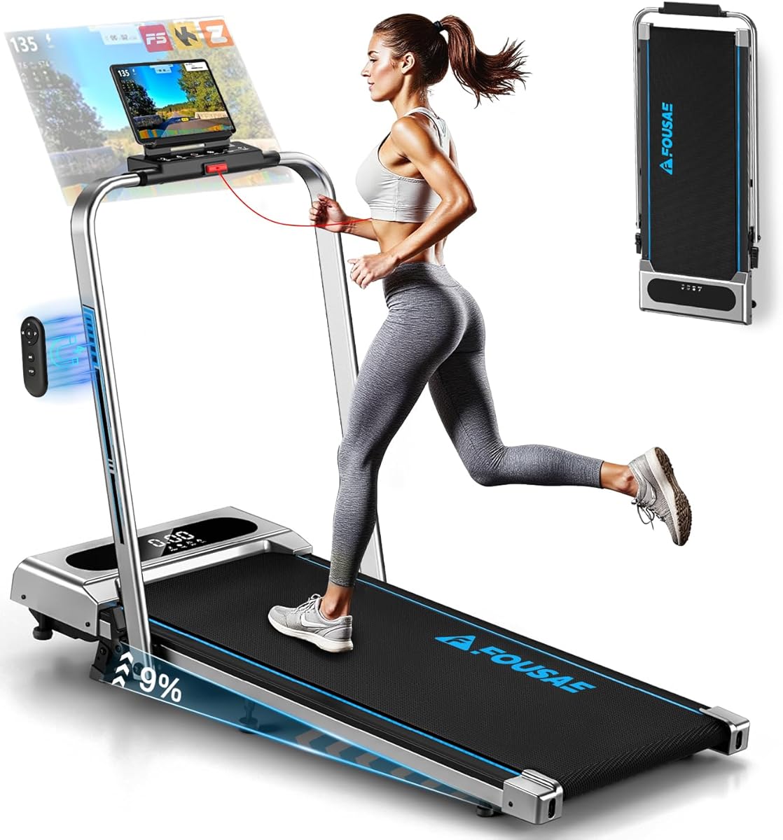 Laufband für Zuhause, 5 in 1 Walking Pad, 12km/h Klappbar Laufband mit 9% Steigung, 2.75HP Walking Machine mit LED-Anzeige, Fernbedienung und App, 12 HIIT, Bis 160 kg, Keine Installation