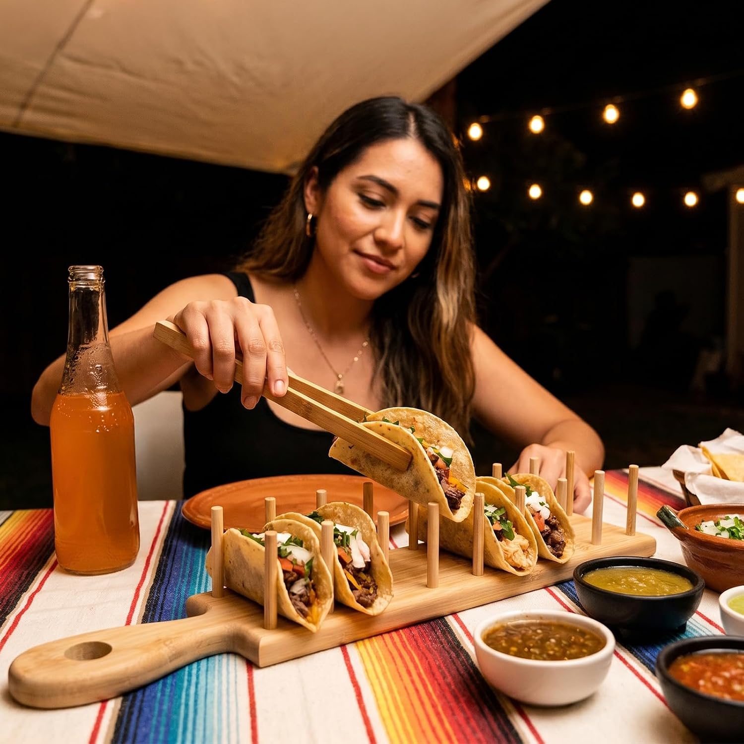 4 PCS Bamboo Taco Holder Set of Bamboo Taco Tray Tacos Tray with Tong Stand Holder Holds 8 Shells Each for Hard & Soft Shells Tacos Kitchen Serving Rack for Parties & Home