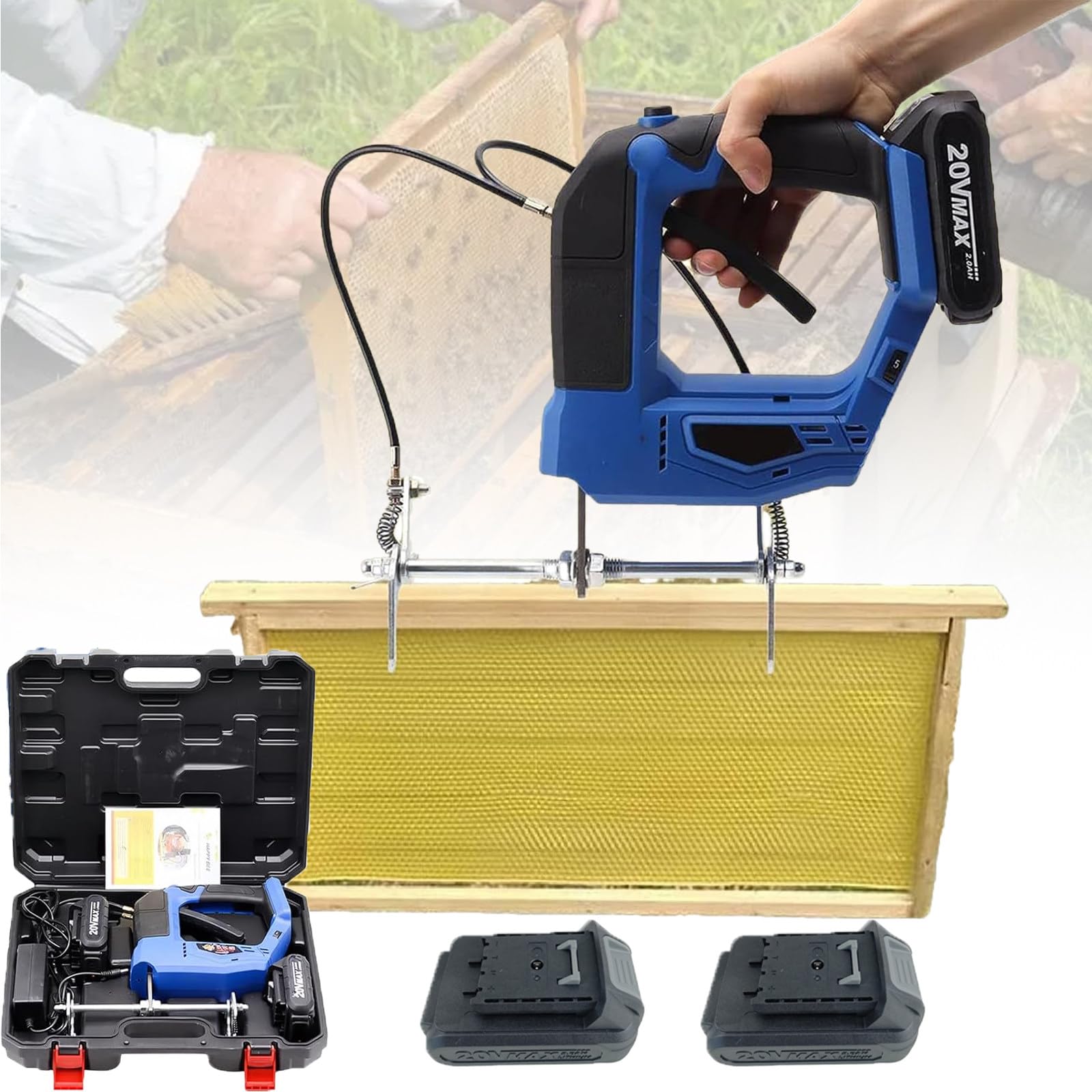Atwynd 150W Beehive Shaking Machine, Electric Bee Shaker for Farms & Home Beekeepers, Electric Honeybee Remover with 4 Adjustable Speeds, Beehive Frame Shaking Machine Blue-2batteries