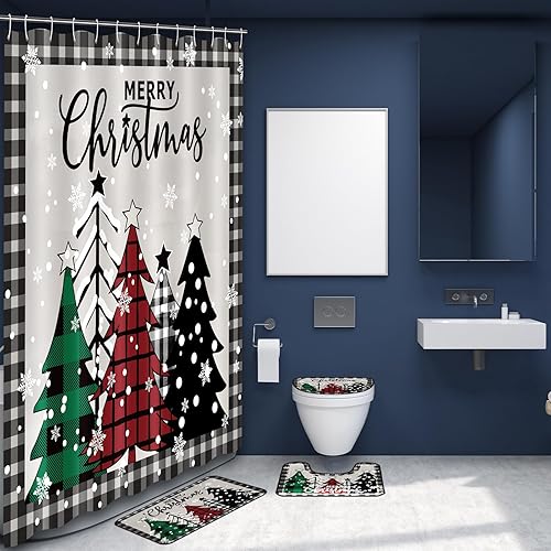 Miniatura 4 de Layhit Juego de 4 cortinas de ducha de Navidad con alfombra antideslizante, cubierta para tapa de inodoro y tapete de baño, cortina de ducha de