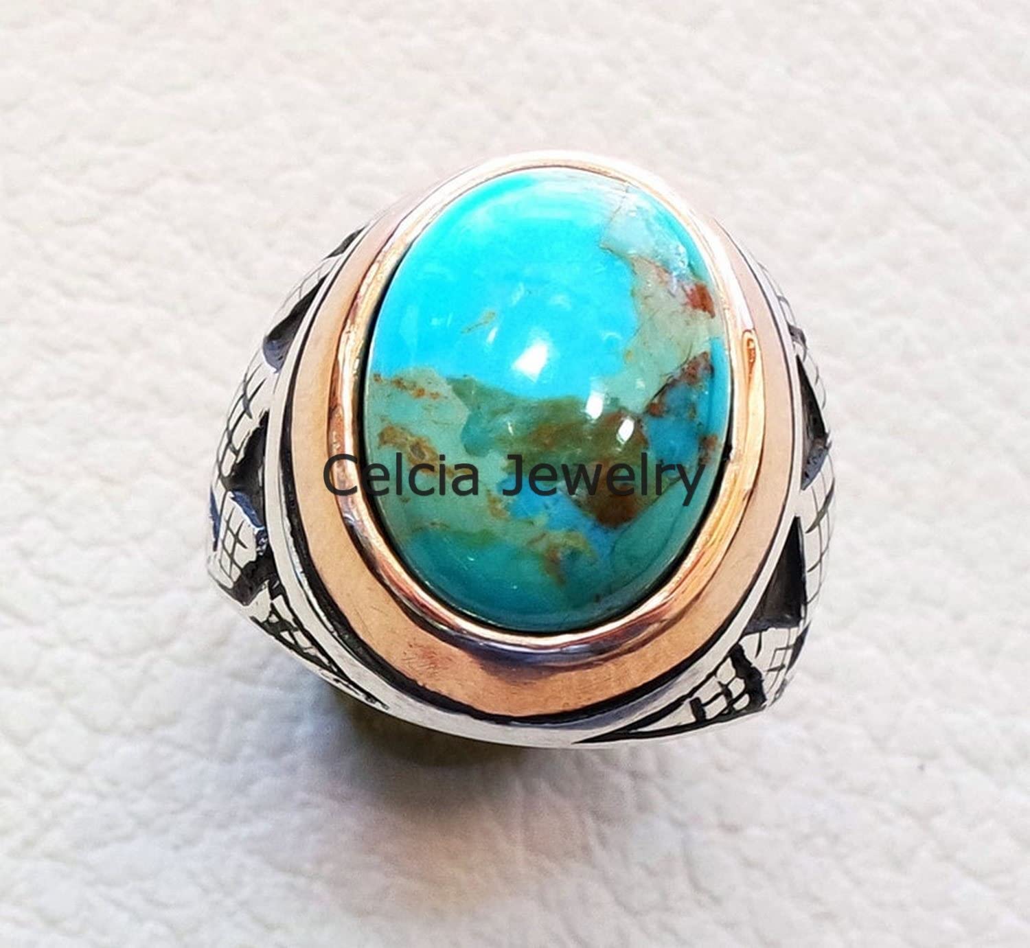 Anello ovale cabochon con pietra preziosa blu turchese dell'Arizona, anello semi prezioso in stile mediorientale, regali per la festa del papà, anello bicolore ossidato in argento (turchese Arizona)