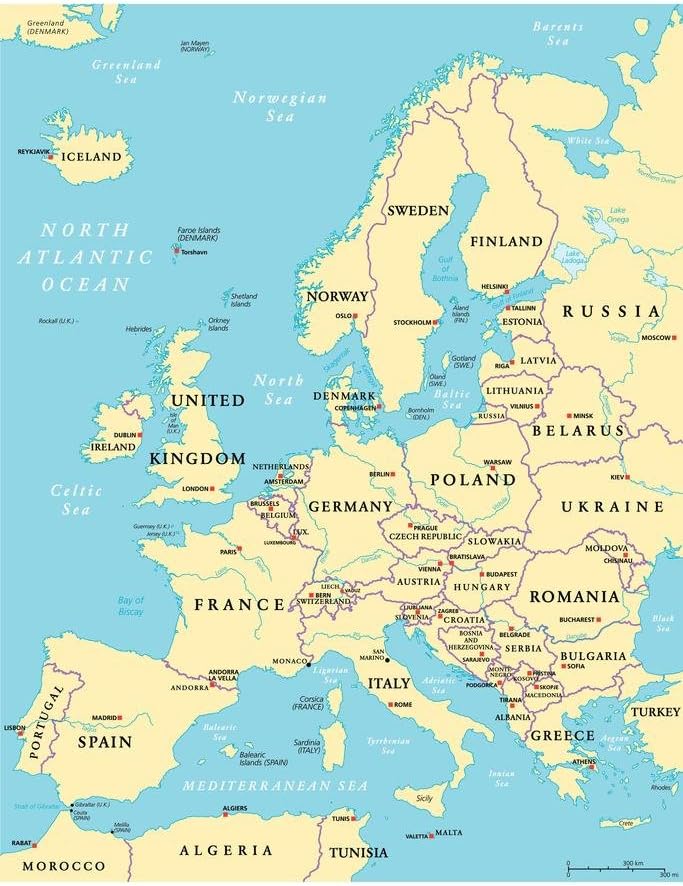 Laminated Political Map of Europe Travel World Map with Cities in Detail Map Posters for Wall Map Art Wall Decor Geographical Illustration Tourist Travel Destinations Poster Dry Erase Wall Art 12x18