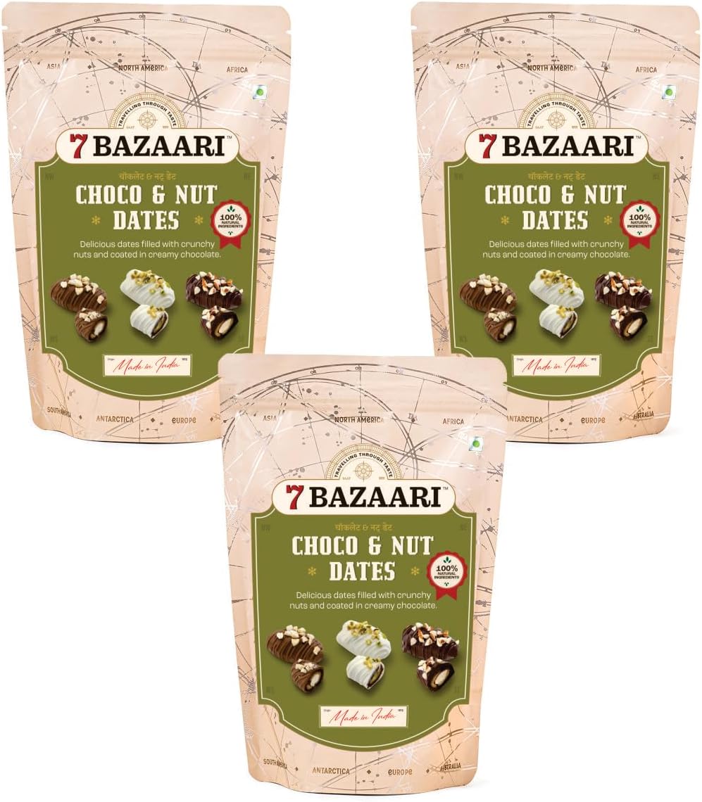 7 BAZAARI™ Premium Choco & Nut Dates - No Added Sugar, Gluten Free, Natural Ingredients- Assorted Almond Dark Chocolate, Cashew Milk Chocolate- 10pcs (Pack of 3)
