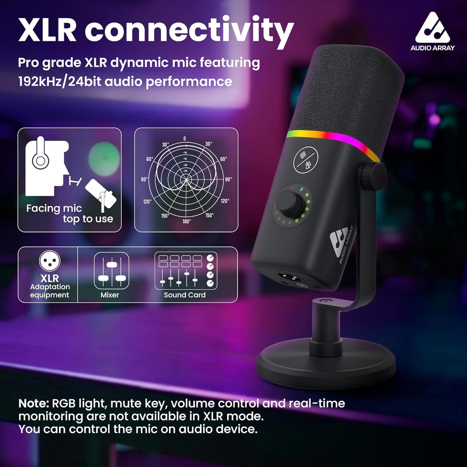 Audio Array AM-C45 XLR/USB Professional RGB Dynamic Microphone | Built-in Monitoring | One Touch Mute Volume & Noise-Cancellation | 2M USB Cable & Metal Base | Streaming, Podcasting, Singing, Gaming - Image 4 thumbnail