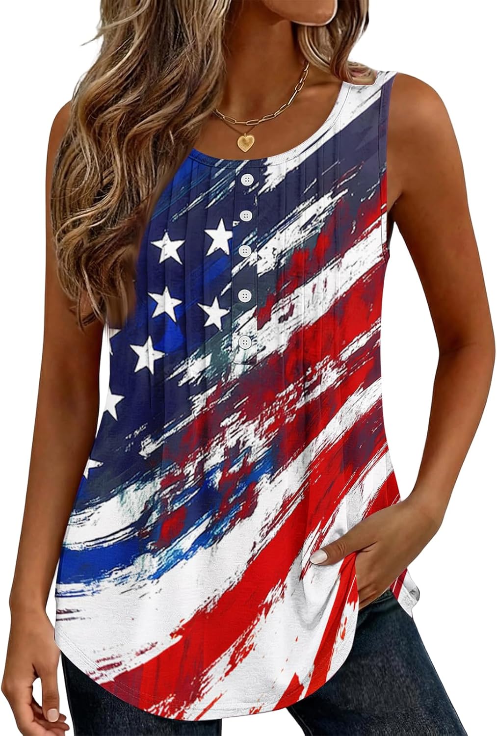 Women 4th of July Button Henley Shirts Sleeveless Crewneck American Flag Graphic Patriotic Tank Tops