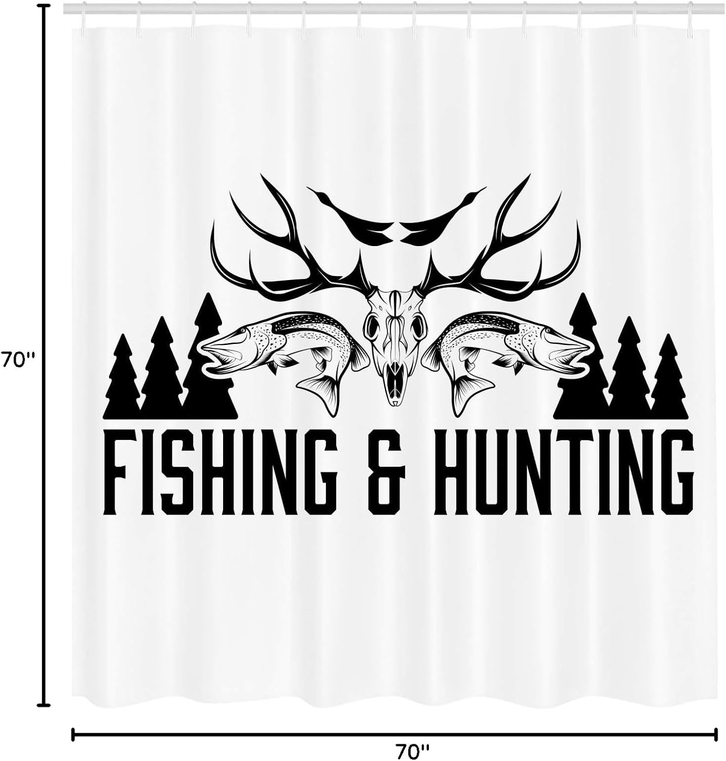 Ambesonne Hunting Shower Curtain, Hunting and Fishing in Vintage Emblem Design Antler Horns Mallard Pine Tree, Cloth Fabric Bathroom Decor Set with Hooks, 69" W x 70" L, Ink and White