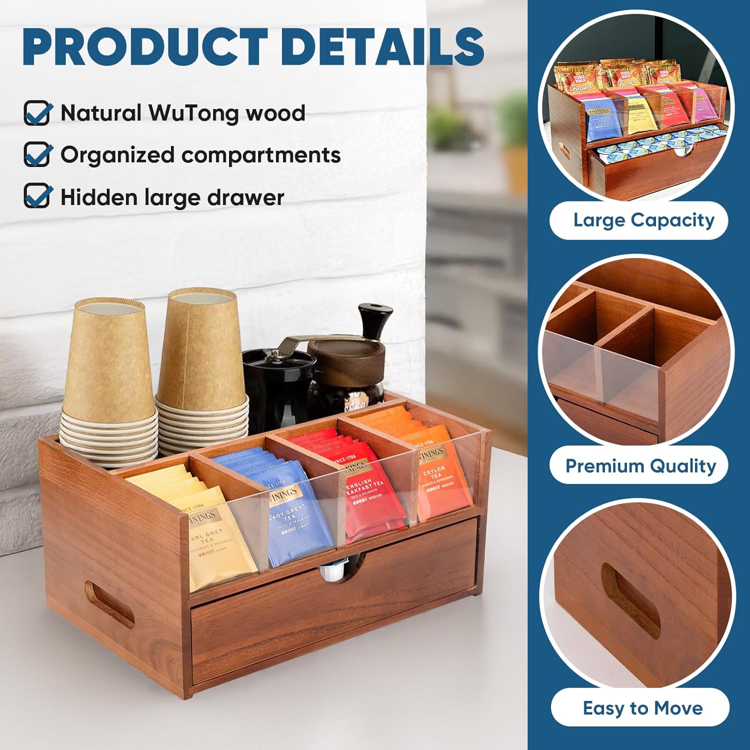 Coffee Bar Station Organizer for Countertop, Coffee and Tea Drawer Organizer, Koffee Cup Organizer Station Pod Holder with 2 Drawers