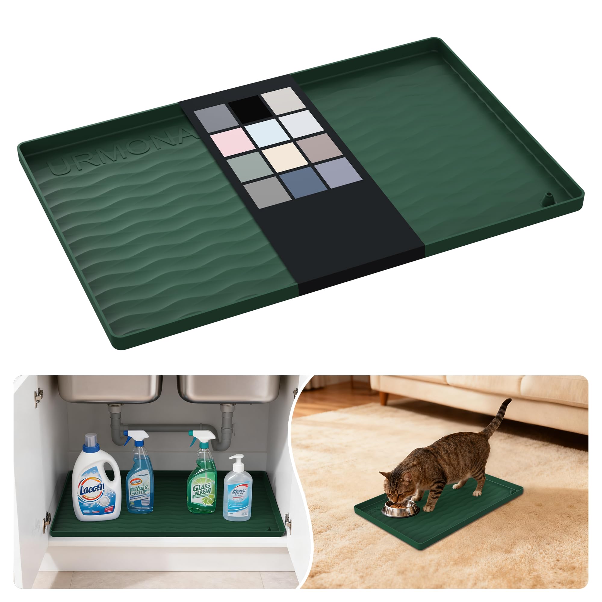 URMONA Waterproof Silicone Under Sink Mat, 16 x 10 in, Flexible Shelf Liner