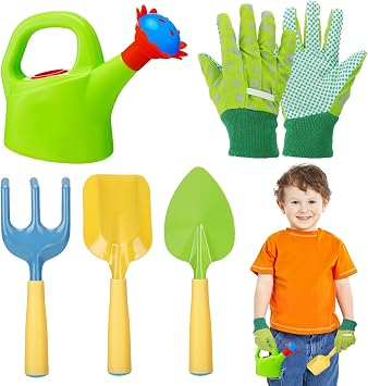 Biubee Kids Gardening Tools Set - Sturdy Watering Can Toy Set with Metal Shovel Hand Rake Kids Gloves, Toddler Gardening Kit Garden Toys for Outdoor Beach Sand Toy Gift, Green