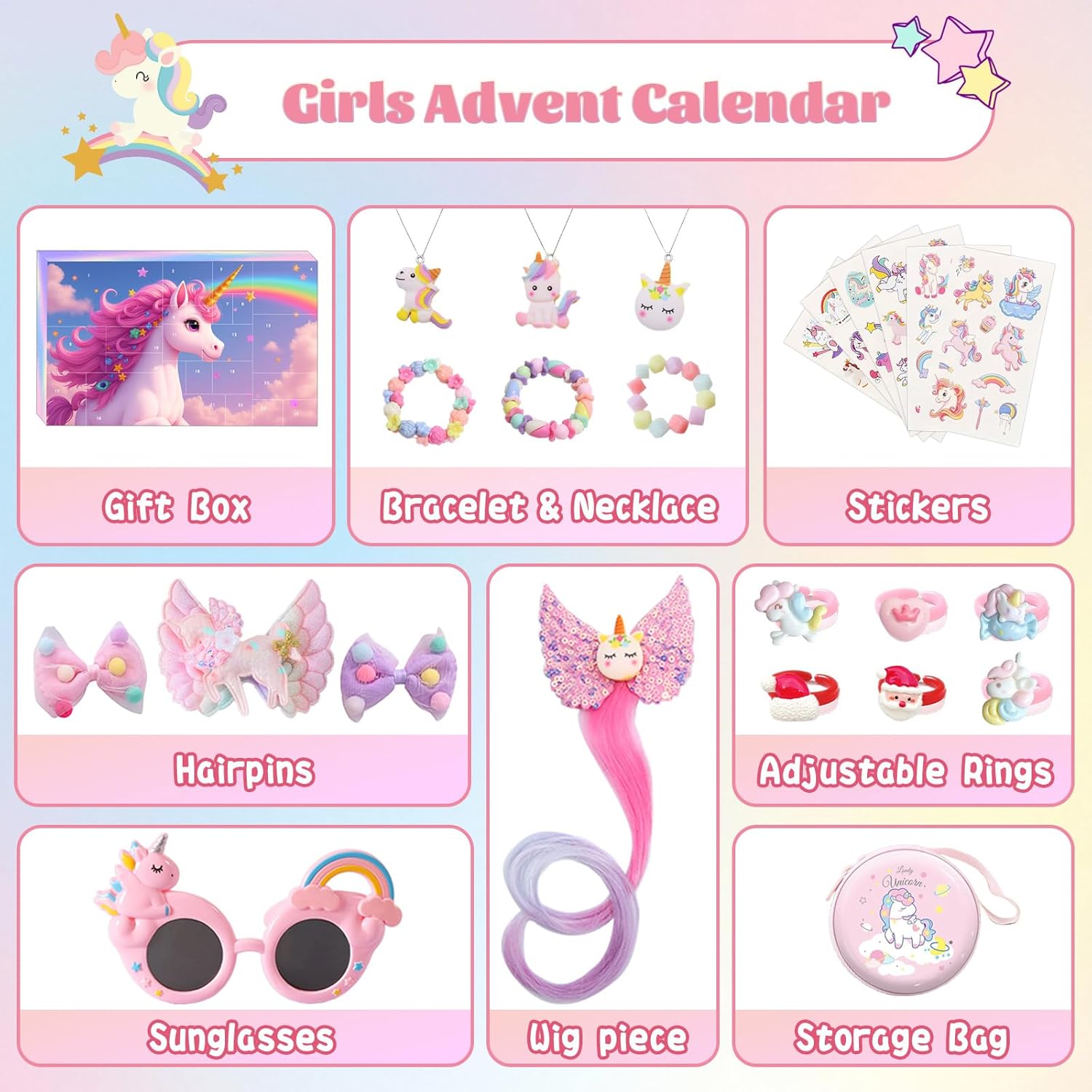 Advent Calendar for Girls with 24 Jewelry Gifts, Christmas Countdown Calendar, Hair Accessories, Bracelets, Ring, Clips, Stickers, Coin Purse - Image 3