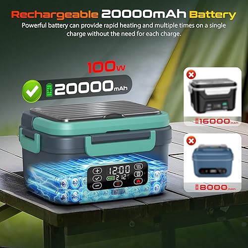 Miniatura 3 de Lonchera eléctrica inalámbrica con calefacción, 1.5 L, 6.3 tazas, 20000 mAh, recargable, calentador de alimentos, con autocalentamiento,