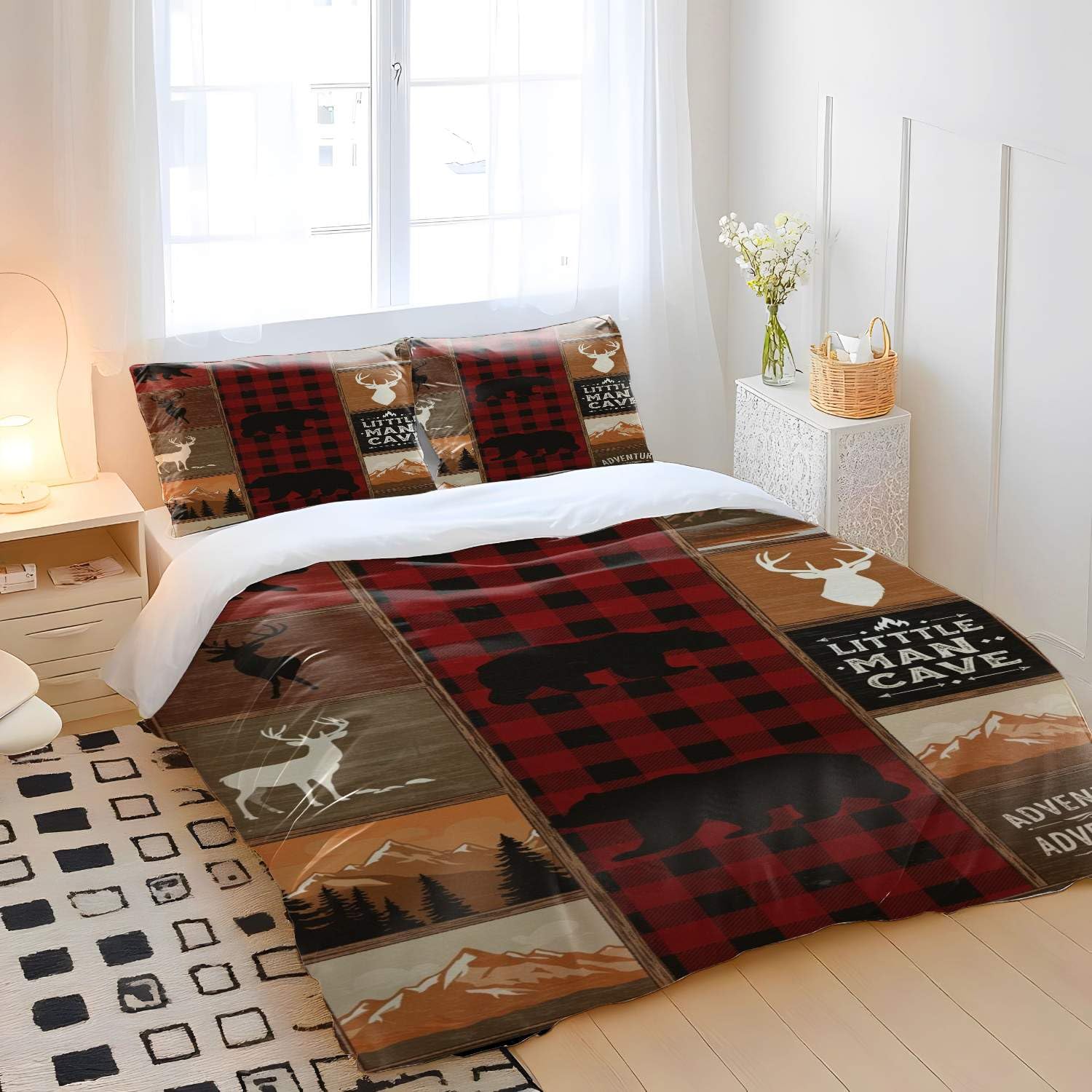 Juego de funda de edredón con estampado de oso y ciervo a cuadros rojos y negros, ropa de cama para niños, ropa de cama de aventura al aire libre para niños, 3 piezas, diseño de estilo vintage (01