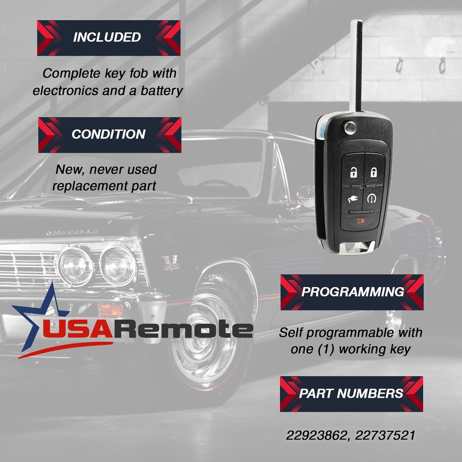 fits 2011 2012 2013 2014 2015 Chevrolet Volt Flip Key Fob Keyless Entry Remote (22923862, 22737521)