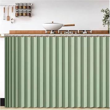 Cabinet Curtains for Shelves, Under Sink Curtain with Mute Track, Privacy Closet Curtain for Open Closet Dust Proof Short Curtains for Kitchen/Cafe/BathroomGreen,WxH 80x70cm