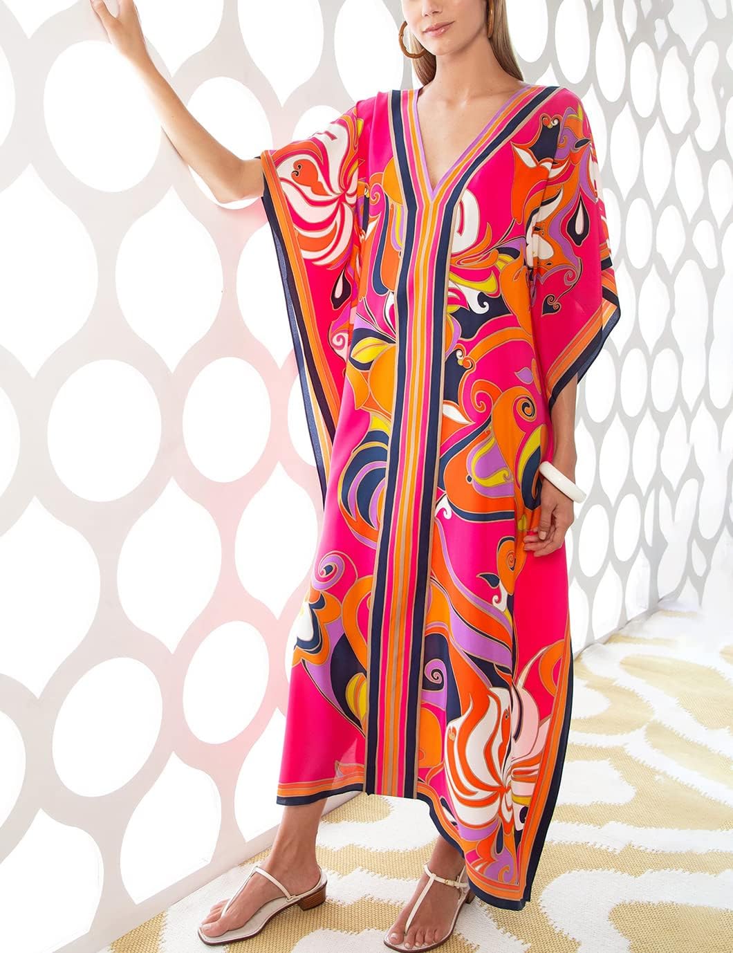 Eddoyee Women Long Print Swimwear Cover Up Sexy V Neck Side Split Beach Caftans Lounge Dresses - Image 4