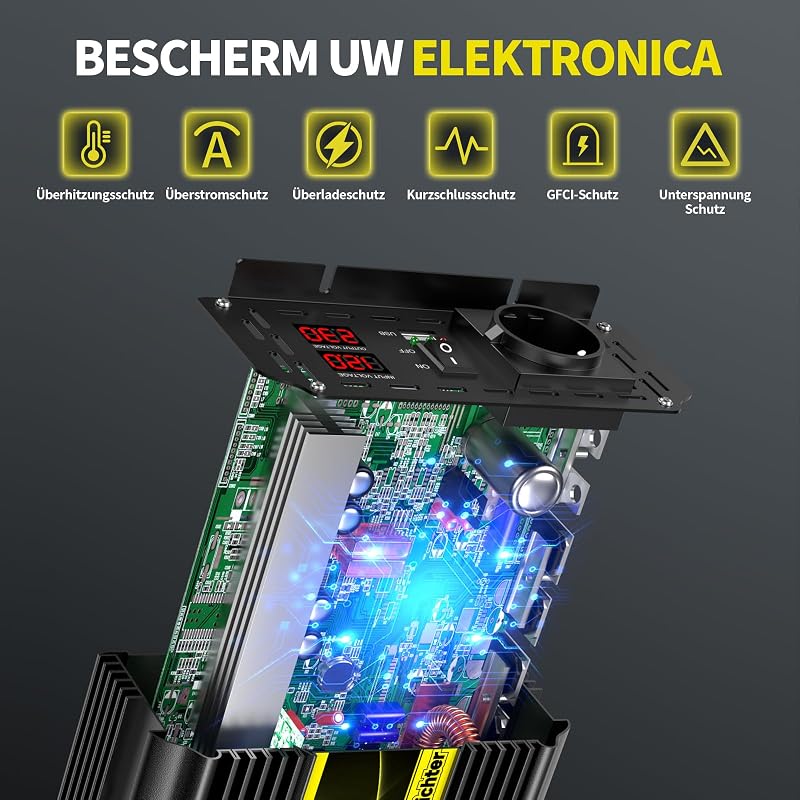 SUDOKEJI Feszültségátalakító 1500W/3000W Színuszos Inverter 12V-230V EU Csatlakozóval, LCD Kijelzővel, Távirányítóval és USB Porttal Autóba,