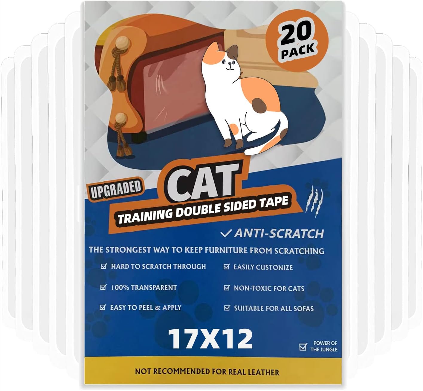 Multiple Sizes 20XL 17x12''Sheets Cat Training Tape, Double-Sided Cat Tape,Anti Cat Scratch Tape,cat Deterrent Tape,100% Transparent Clear,Stop Cats Scratching Your Couch, Doors Carpet, Furniture