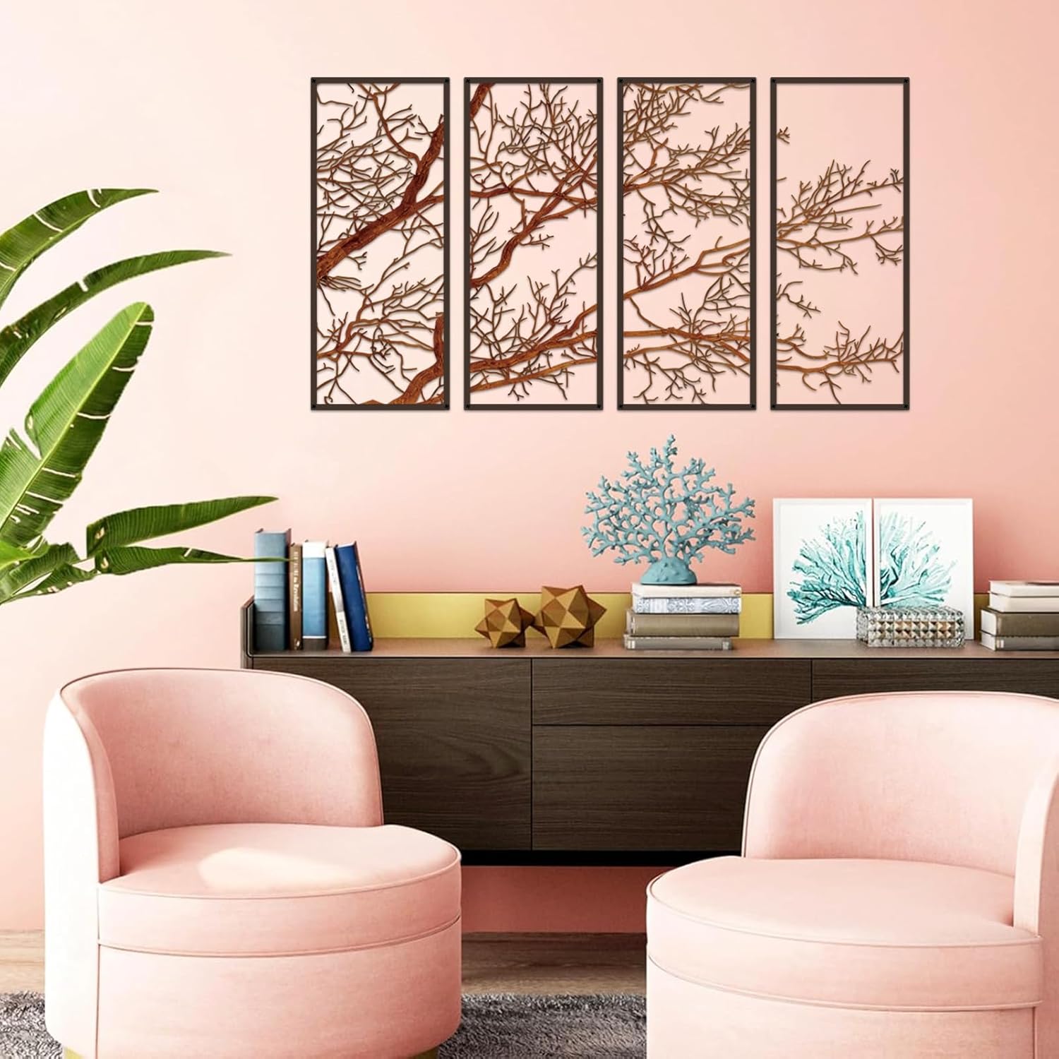 ESTART 4 Pieces Tree of Life Metal Wall Decor, Black Tree Branch Metal Wall Art, Tree Sign Wall Hangings for Home Garden Office Living Room Indoor Outdoor (Colorful, Small)