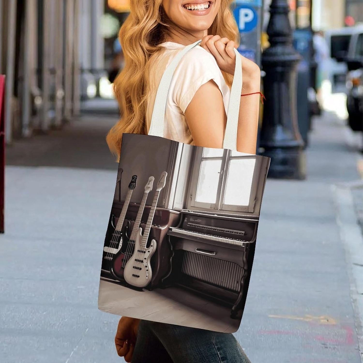 Guitar Bass Music Canvas Tote Bag,15x12.6 in