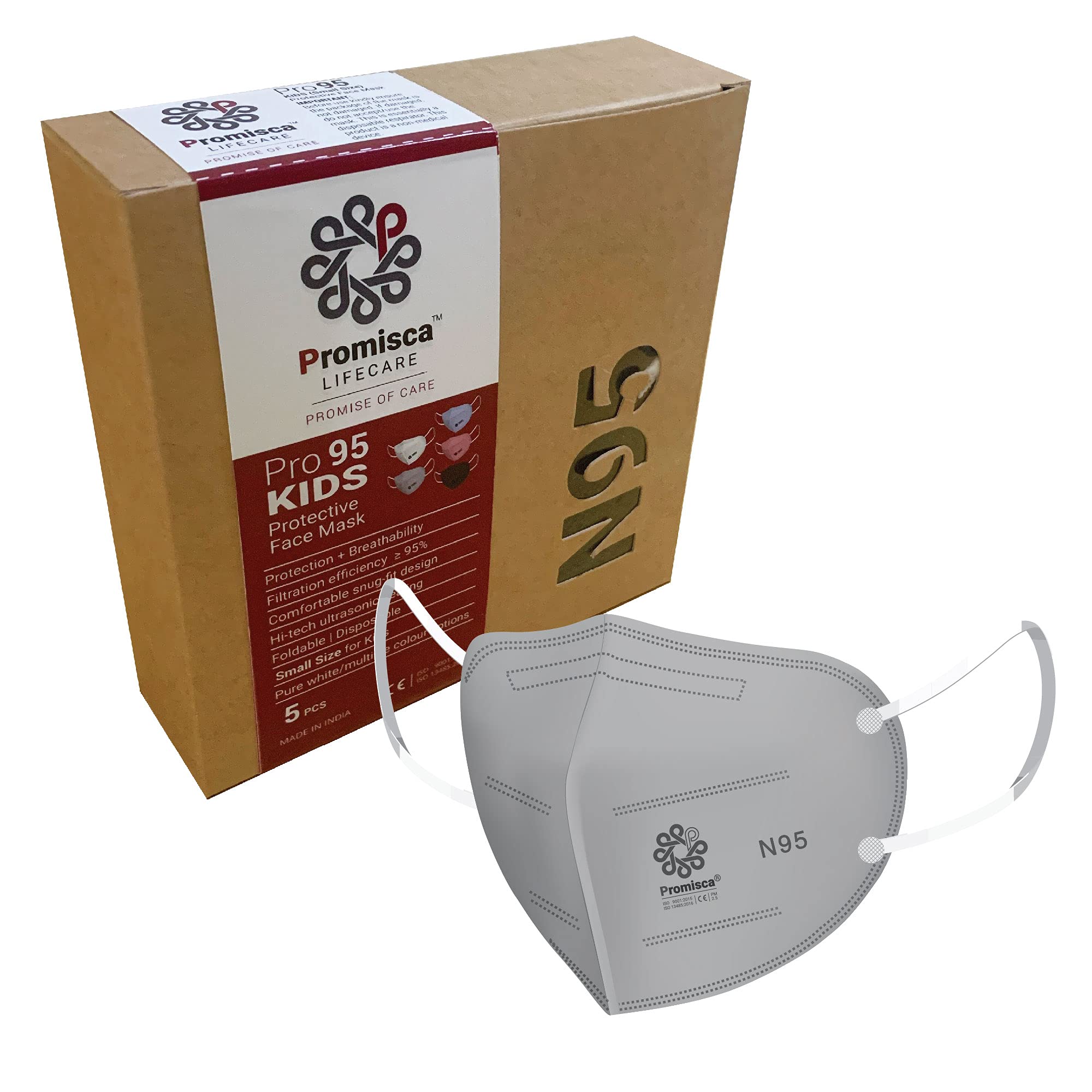 N95 Kids Mask (Pack of 5/10+2) Ear Loop Style Protective Face Mask 5 layered filtration with genuine Melt Blown and Hot Air Cotton Layers (Grey Small)