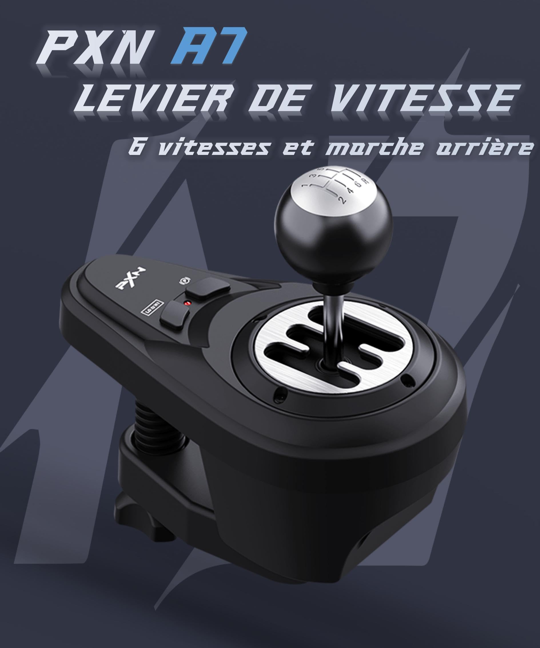 PXN A7 Levier de Vitesse, Gear Shifter pour Volant avec 6 Vitesses, 3 Câbles (USB, RJ11, DIN), Marche Arrière, Bouton de Vitesse Haut/Bas, Bouton de P, H Shifter, Universel sur PC | H-Shifter 6 vitesses, reverse par enfoncement, frein, boutons haut/bas, c