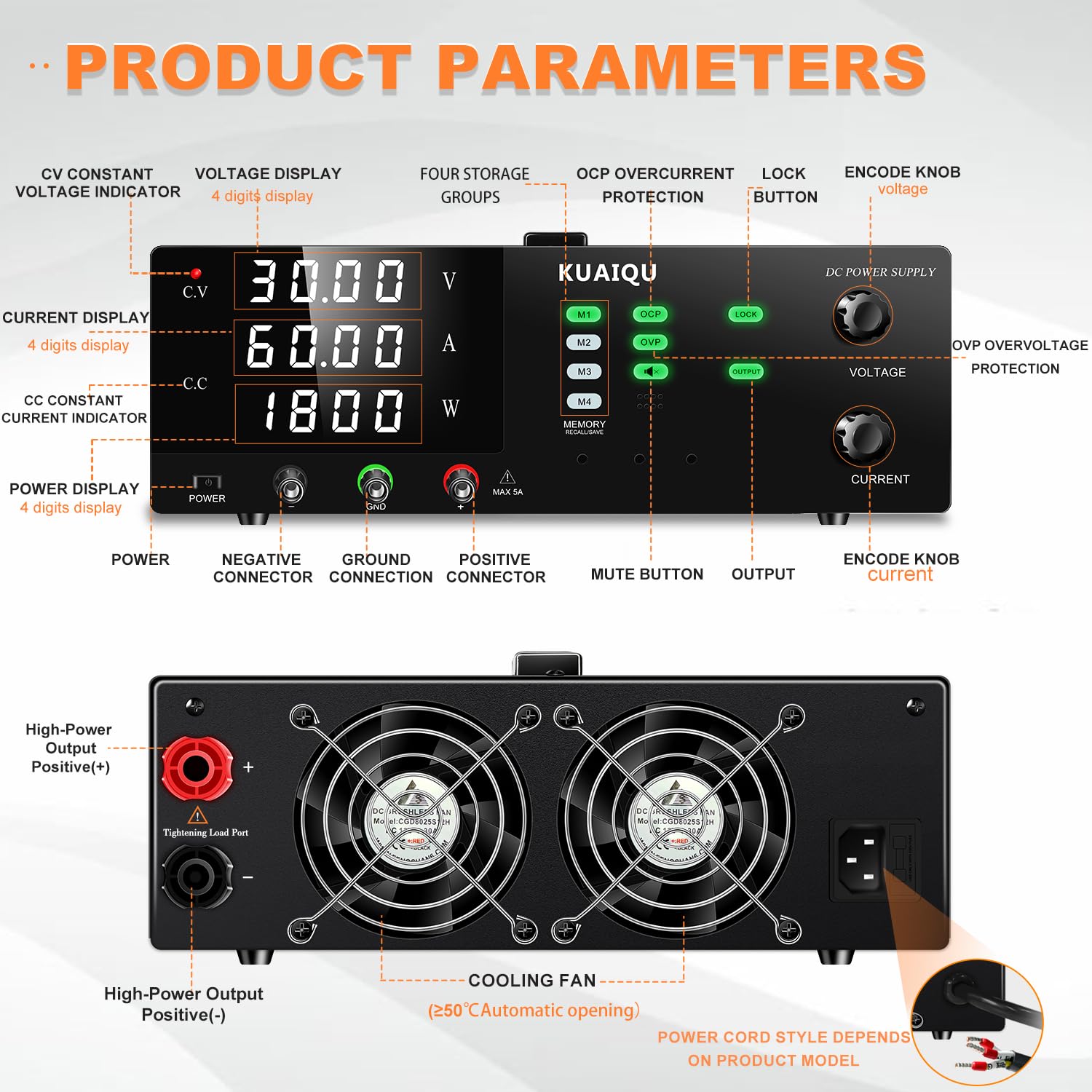 Alimentatore da Laboratorio 30V 60A 1800W Alta Potenza Alimentatore da Banco con Memoria/OCP/OVP/OUTPUT/Encoder/LOCK, Alimentatore Regolabile per Laboratorio, Automazione e Alimentazione di LED