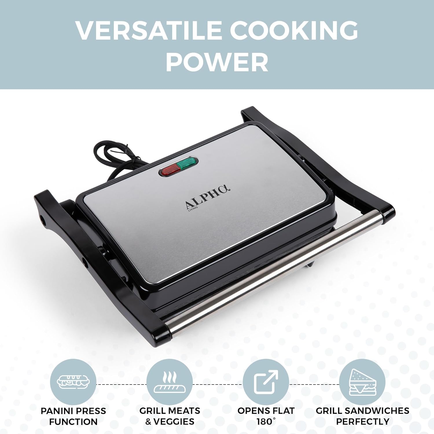 Alpha Living Electric Griddle Panini Press Sandwich Maker – Stainless Steel Panini Grill Press Sandwich Maker with Aluminum Griddle – Non-Stick Coating – 180-Degree Hinge for Thick and Thin Foods