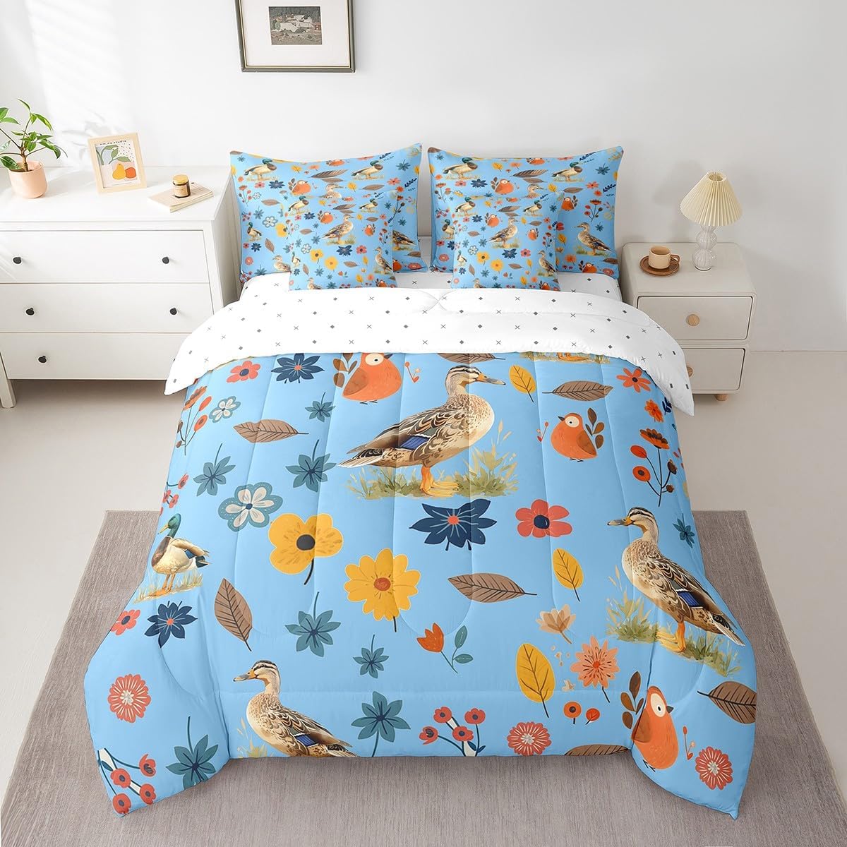Erosebridal カートゥーン ワイルドダック 7点 寝具セット ツインサイズ、バードフラワーベッド バッグ入り キッズ ファ