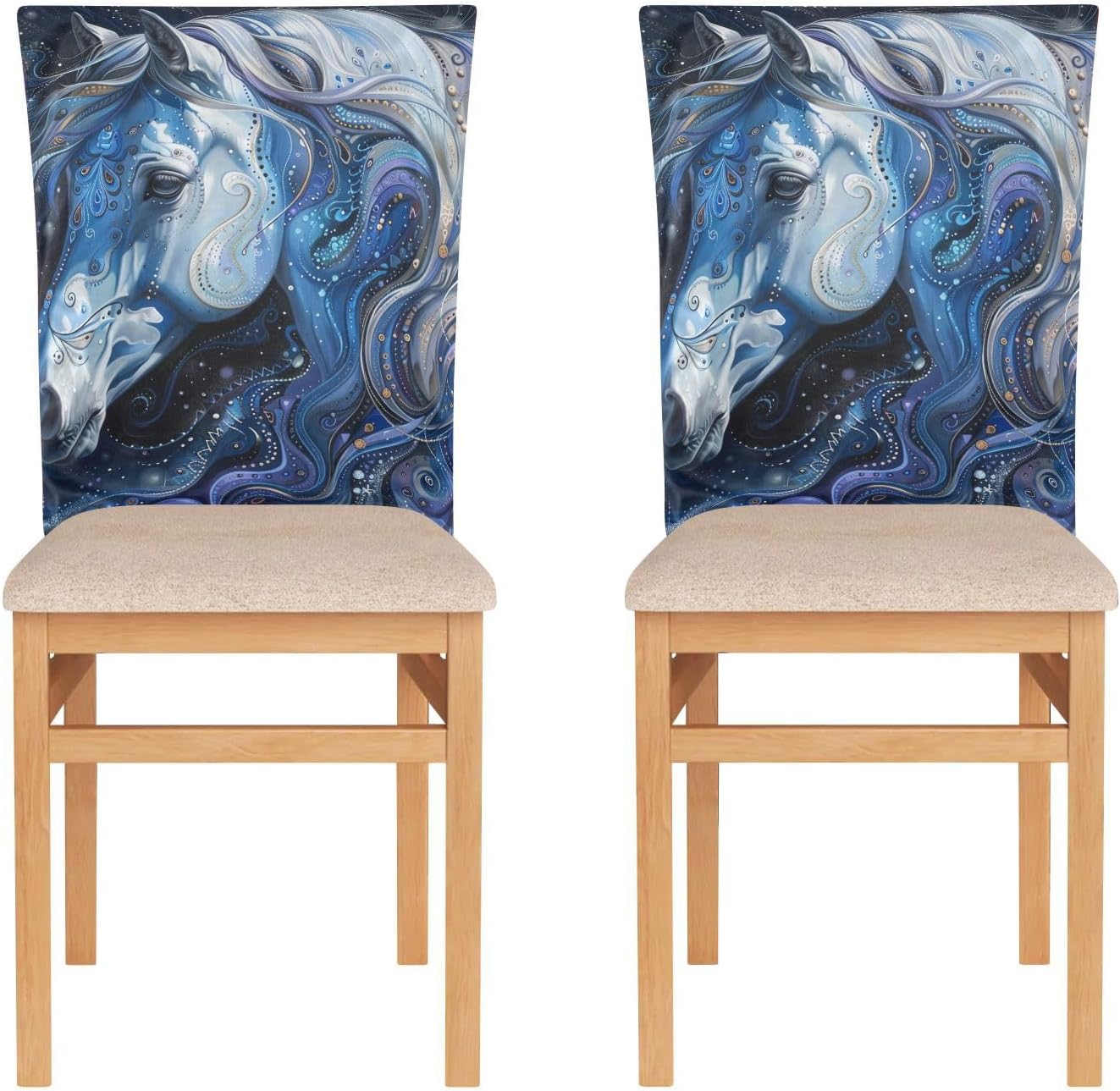 ALAZA Beautiful Blue Horse Chair Back Cover Set of 6, Washable Reusable Removable Chair Slipcovers Decorative Chair Cover for Home Kitchen Wedding Party