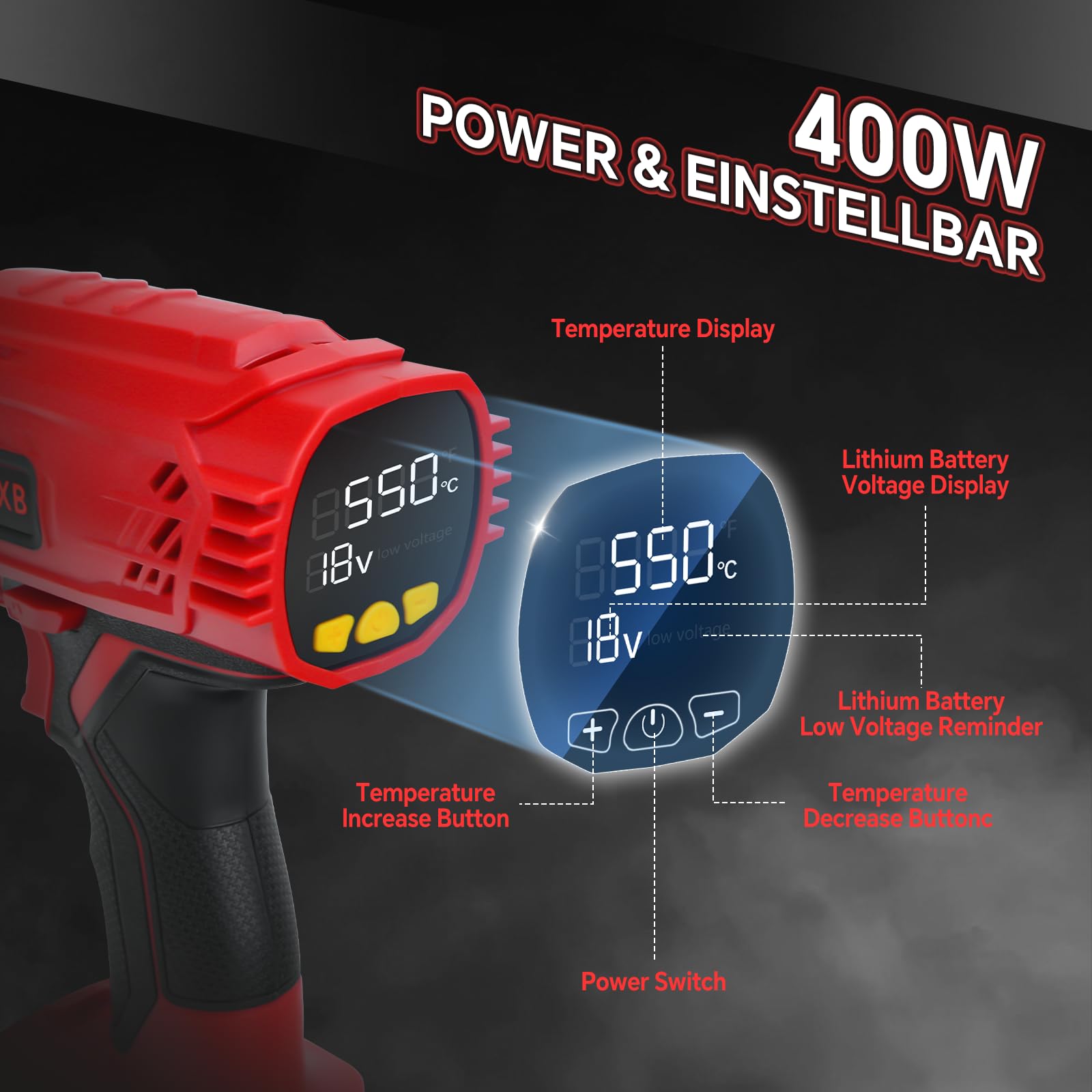 Pistola ad aria calda senza fili per Milwaukee 18 V agli ioni di litio, 400 W 1022 ℉ (550 ℃) con protezione da sovraccarico, 4 ugelli per saldare, fai da te, piegatura tubi (senza batteria)