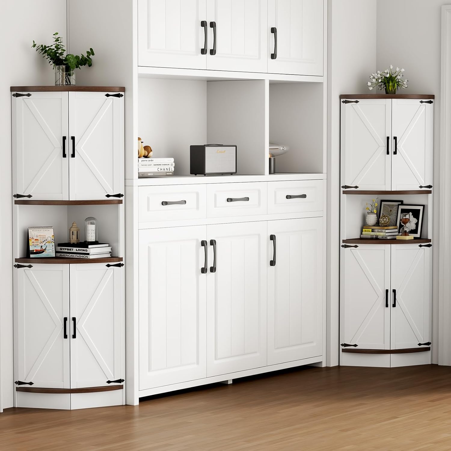 64.8" Farmhouse Corner Cabinet, Dining Room Tall Corner Cabinet with 4 Barn Doors and 5 Storage Shelves, Bar Storage Cabinets for Kitchen, Living Rooms, Laundry Room White