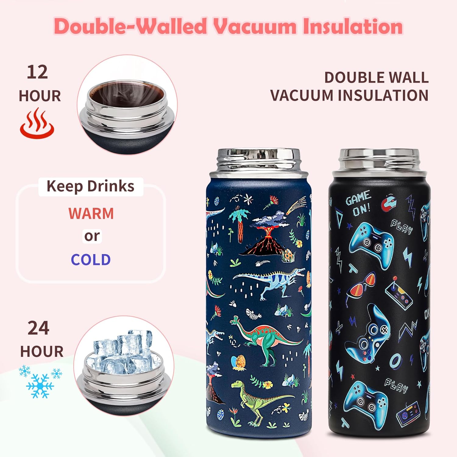 18oz Kids Insulated Water Bottle with Straw Lid - 18/8 Stainless Steel Kid Cup Travel Tumbler Double Wall Vacuum Leak Proof Portable Toddler Water Bottle (Game + Dinosaur) 18 Ounces Game+Dinosaur image 4 of 6 B0D4YY99ZH