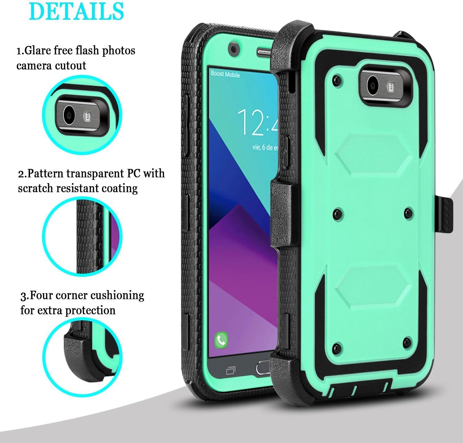 Galaxy J3 Emerge Case,Galaxy J3 Prime Case, J3 Eclipse Case,J3 Mission Case,J3 2017 Case, Jwest Heavy Duty Belt Clip Holster Dual Layer Protective Case with Kickstand (Mint)