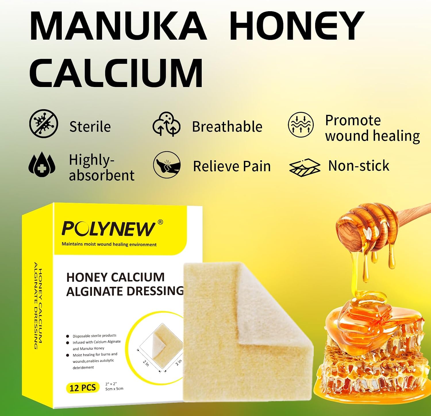 Manuka Honey Calcium Alginate Dressing, 12 Individual Pack, 2"x2" Patches, Wound Dressing with Calcium Alginate, Bandages for Burns, Faster Wound Care