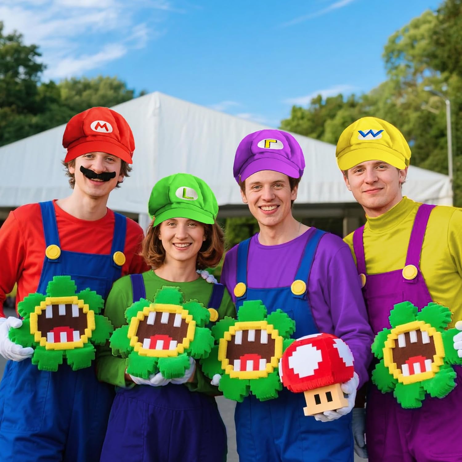 4 Set Super Bros Halloween Costume for Adult,Super Bros Hats Accessories Mary Luigi Caps, Mustaches, Suspenders, Gloves Buttons Set