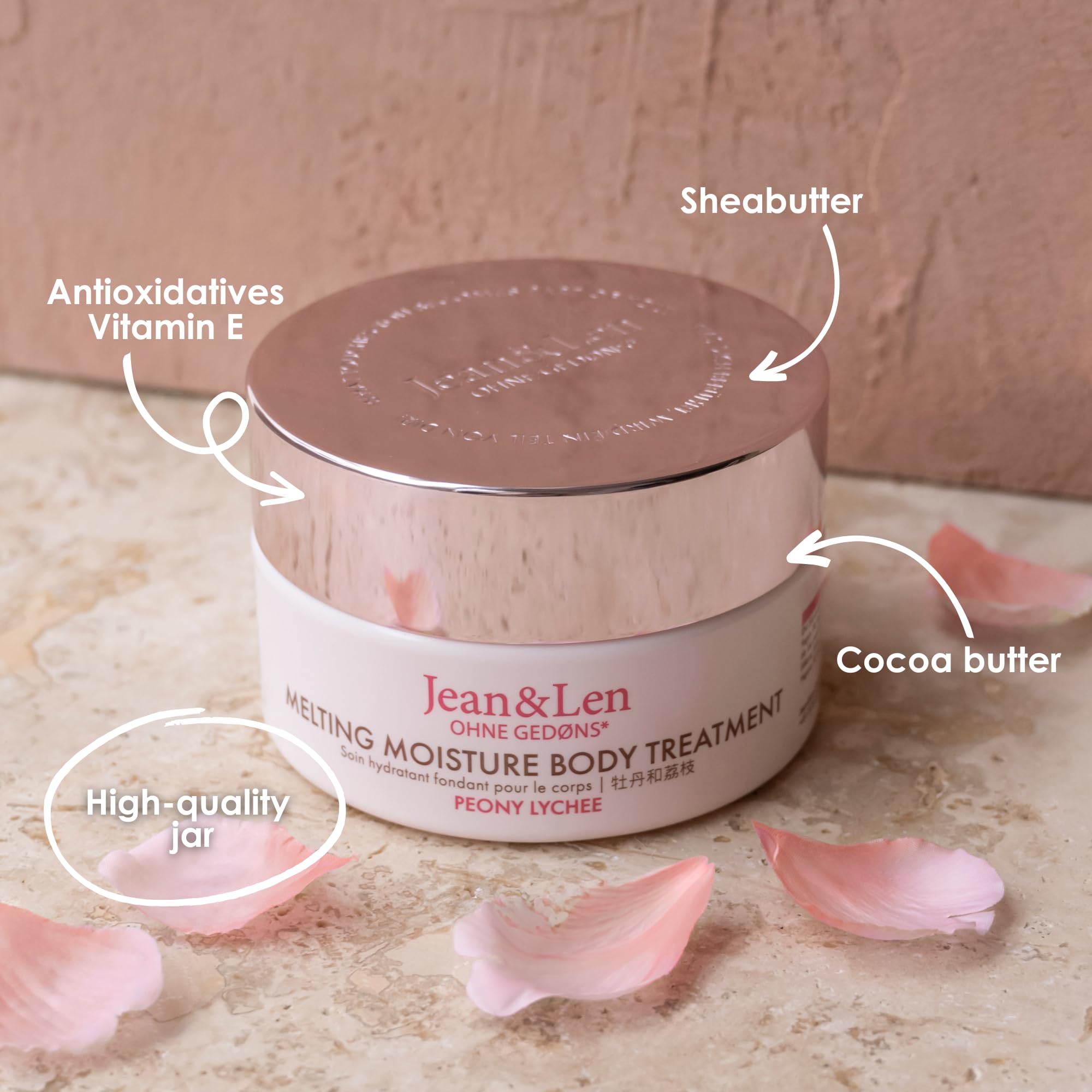 Jean & Len Melting Moisture Body Treatment Peony & Lychee, dla perfumowanych efektów pielęgnacyjnych, masło do ciała, bez parabenów i silikonów, wegańskie, 200 ml