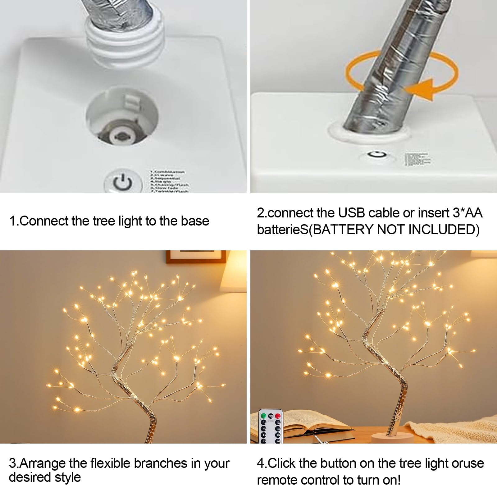 LED Lichterbaum mit 108 LEDs,8 Modi Dimmbar, USB/Batteriebetrieben,Warmweiß Baum Lampe mit Fernbedienung & Timer,Verstellbare Äste,Deko Lampe für Wohnzimmer Schlafzimmer Weihnachten