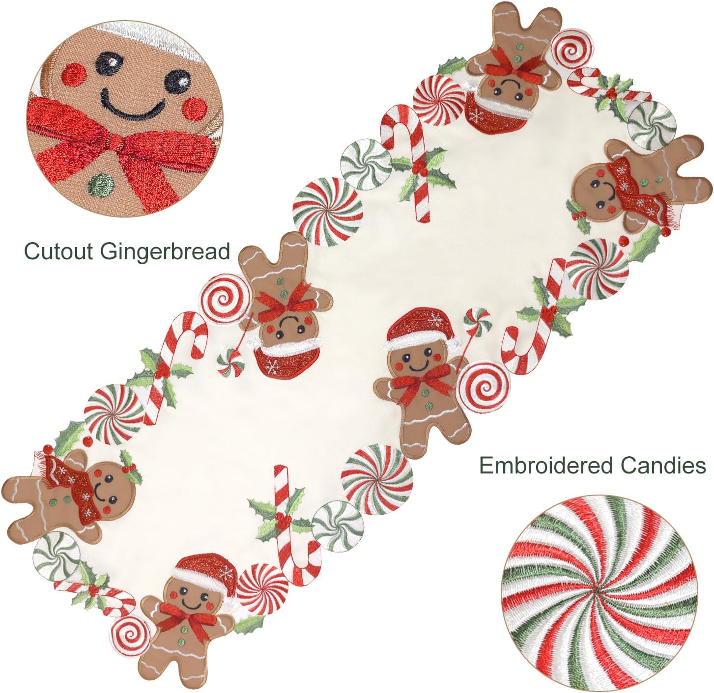 Gingerbread Table Runner Christmas Runners Embroidered Decorations Candy Cane 90 inches Long for Kitchen Dinning Coffee Table Home Holiday Party Decor