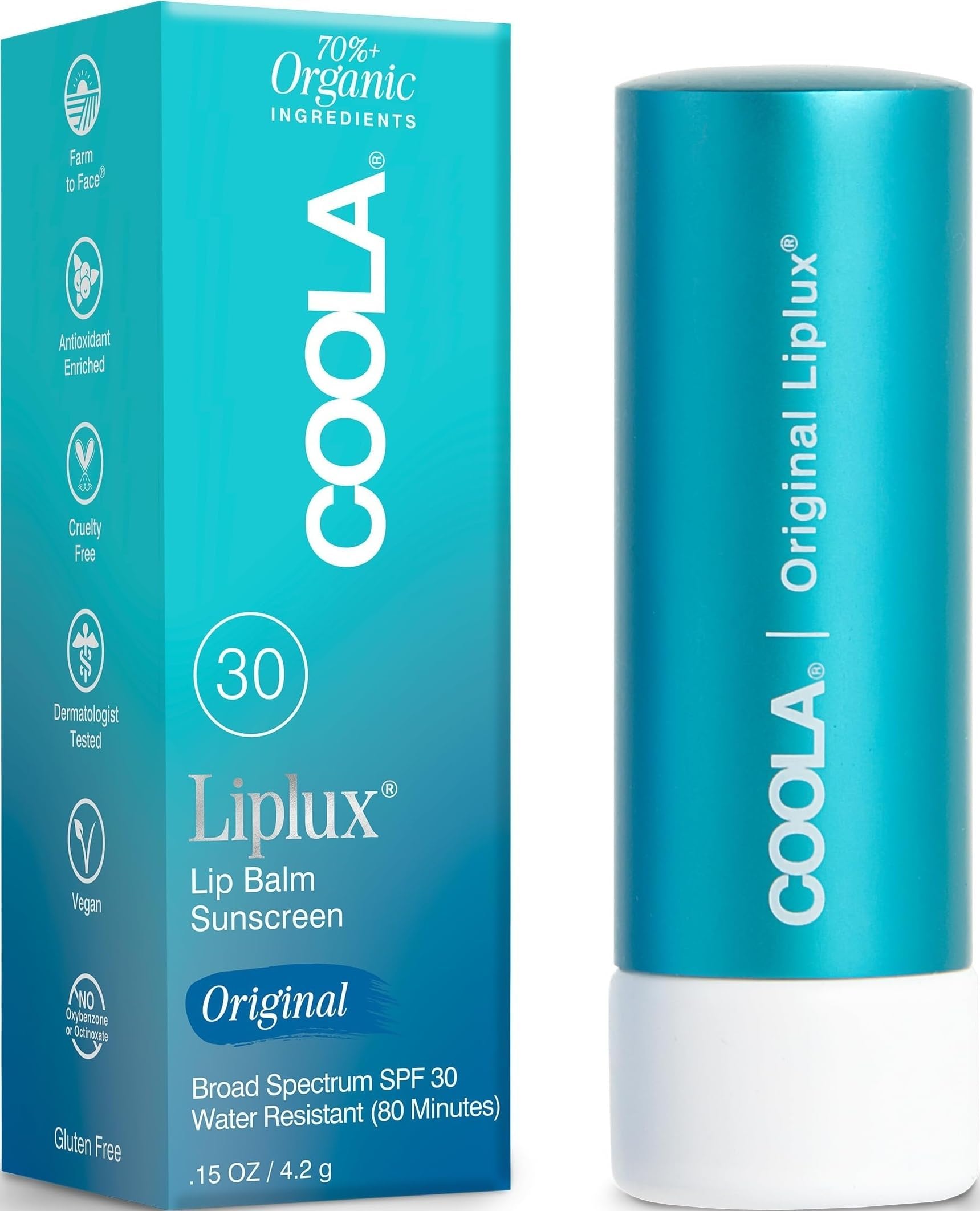 Liplux SPF 30, Organic Lip Balm Sunscreen, 0.15 oz | Clear, Water Resistant, Dermatologist Tested, Hydrating Broad Spectrum Protection, Vegan, Cruelty Free, Naturally Flavored