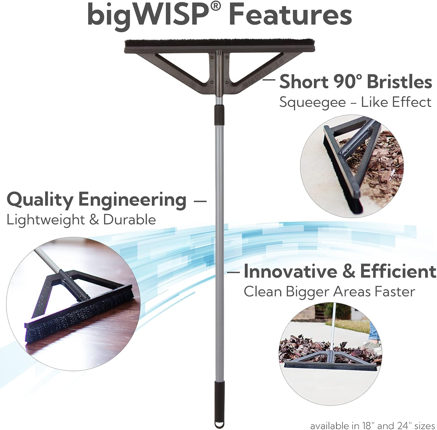 bigWISP, Lightweight Push Broom Outdoor Indoor Multi-Surface - Stiff Bristle Seal Technology and Adjustable Handle (Gray, 18") : Health & Household