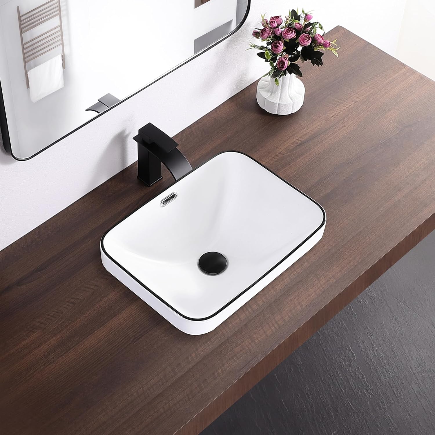 Bathroom Vessel Sink 18.2'' x 13.3'' Semi Recessed Bathroom Sink Rectangular Drop-in Vanity Sink with Overflow White with Black Rim Ceramic Modern Art Basin
