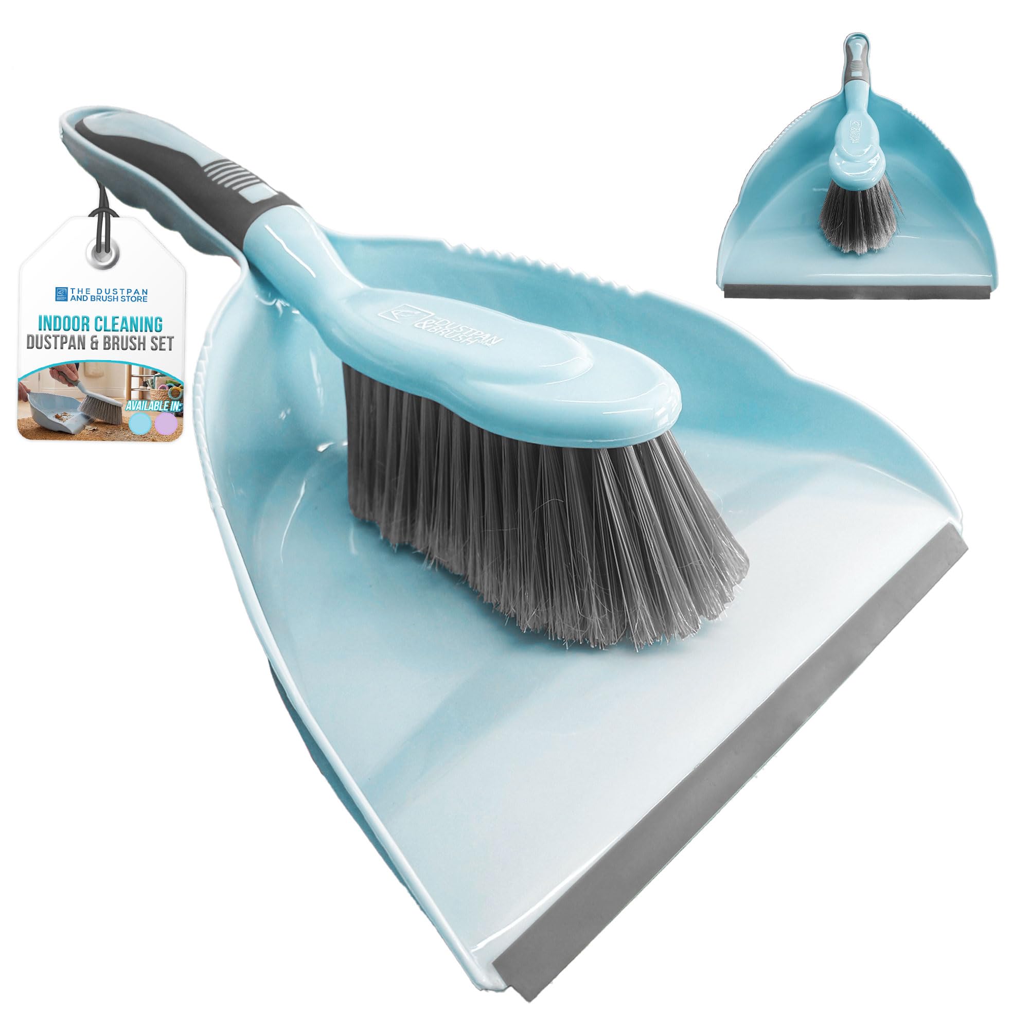 Dustpan and Brush Set Indoor Cleaning Compact Dust Pan and Brush with Soft Bristles & Rubber Lip Pan - Secure Grip Handle Hanging Storage - Duck Egg