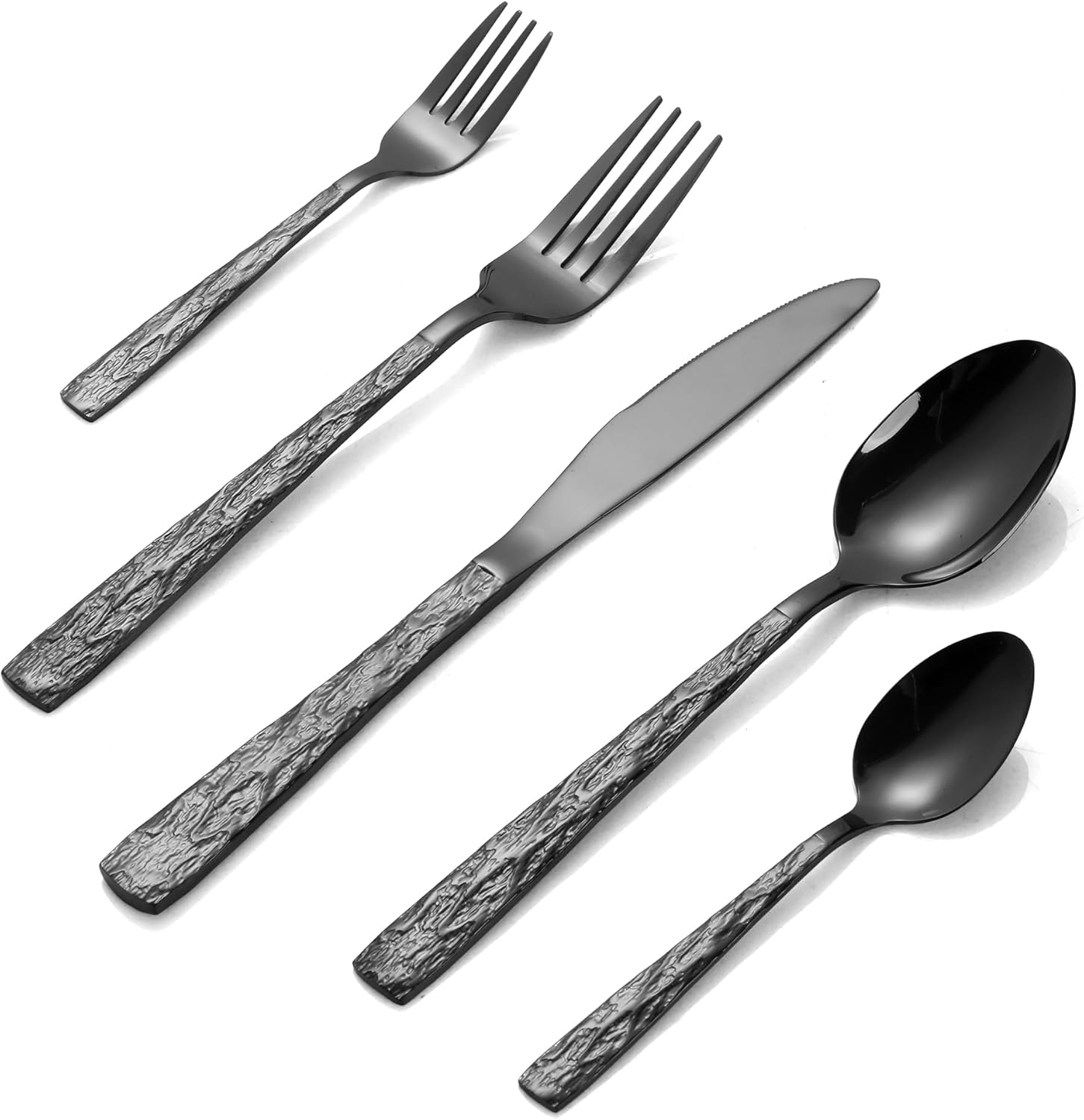 40 PCS Stainless Steel Flatware Set Hammered Silverware Set Hand Forged Black Cutlery Handle Mirror Water Flow Pattern Home Event Use Wedding Housewarming Gift Service for 8, Dishwasher Safe