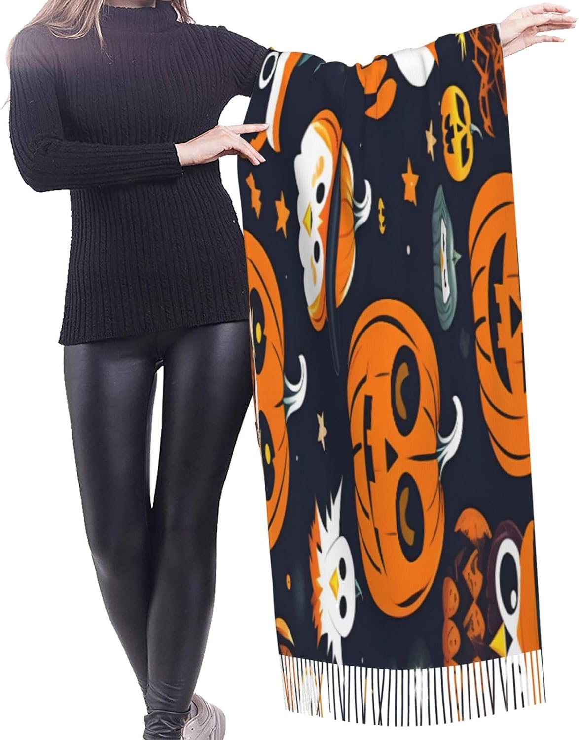 Halloween Owl Ghost Pumpkin Print Polyester Fringed Scarf 77x27 Inch Cozy Stylish Shawl Scarfs With Fringe For Fall, Winter Spring