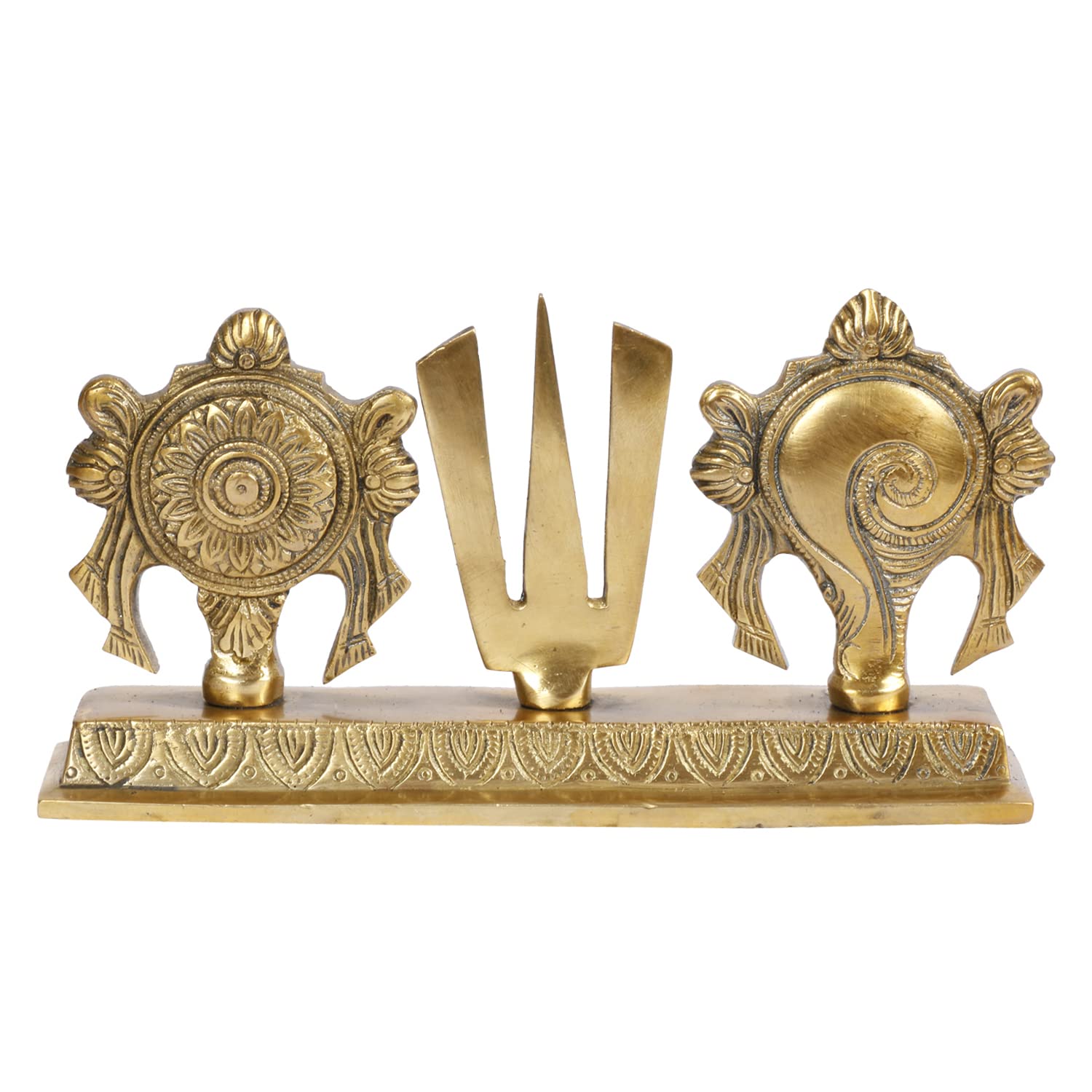 Kartique Brass Shankh Chakra Namah Showpiece Shankha Tilak Padma Padmanabha Swami Vishnu Home Decor Tirupathi Balaji Padma Height 4.25 Inch Gold Color