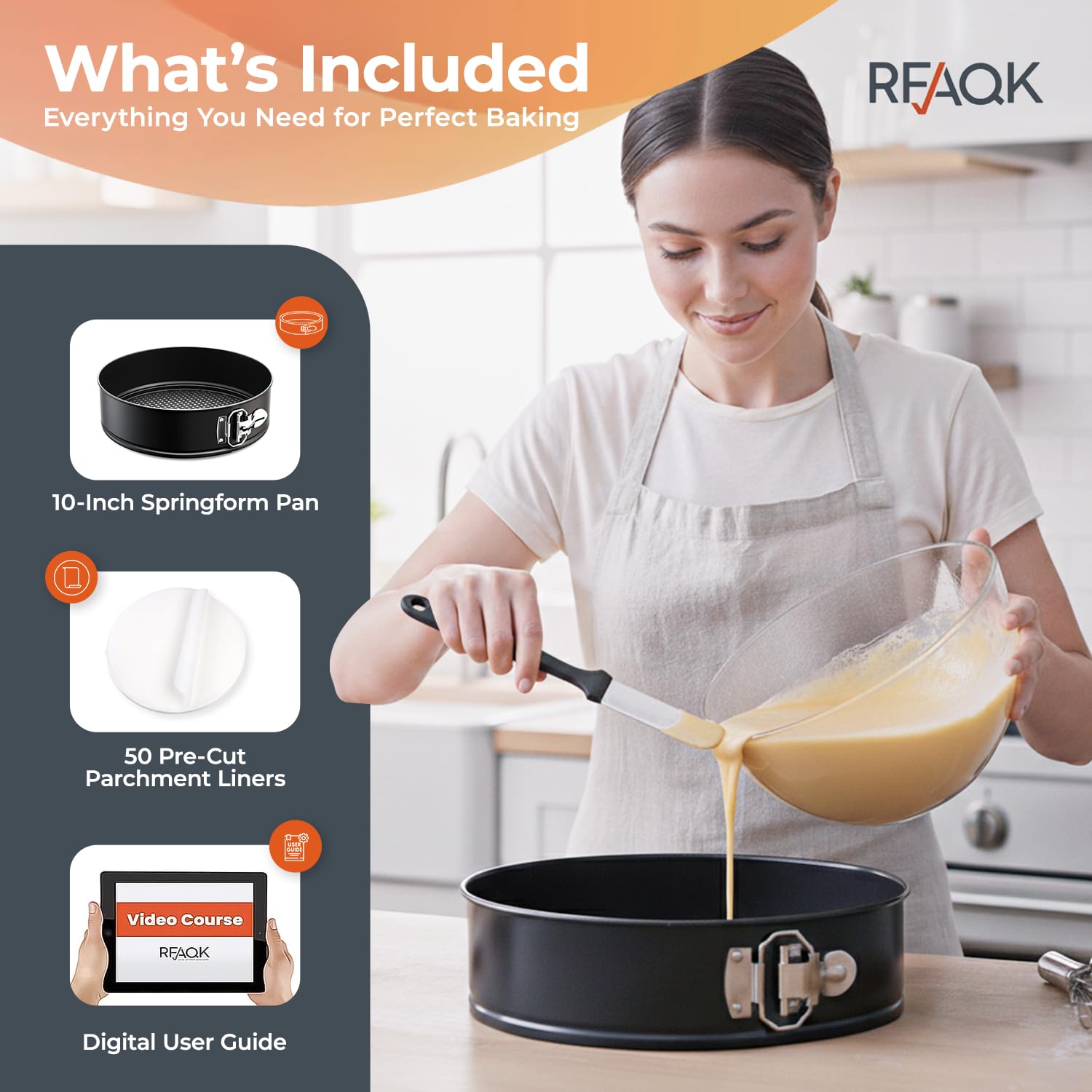 RFAQK Springform, 25,4 cm, antihaftbeschichtet, auslaufsicher, Springform für Käsekuchen mit abnehmbarem Boden, inklusive 50 Stück Pergamentpapier, Rezept-E-Book – perfekt zum Backen von Käsekuchen
