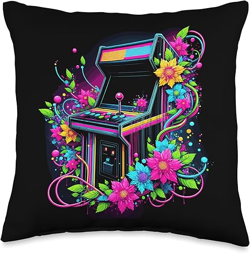 Retro 80s Floral Arcade Machine Vector Throw Pillow