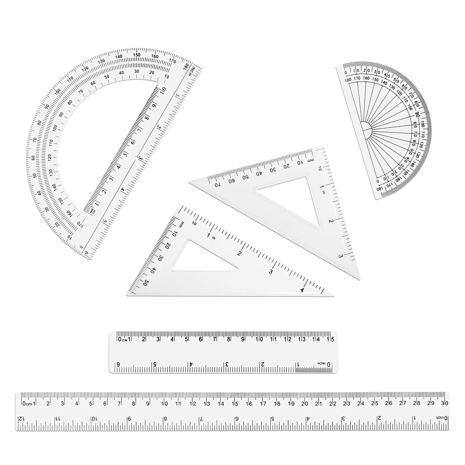 XIHIRCD 6pcs Ruler Set, 12 & 6 Inch Straight Ruler Protractor Triangle Ruler Plastic Clear Ruler Geometry Set Math Ruler Measuring Tools for School Classroom Office Student Home Drawing Supplies